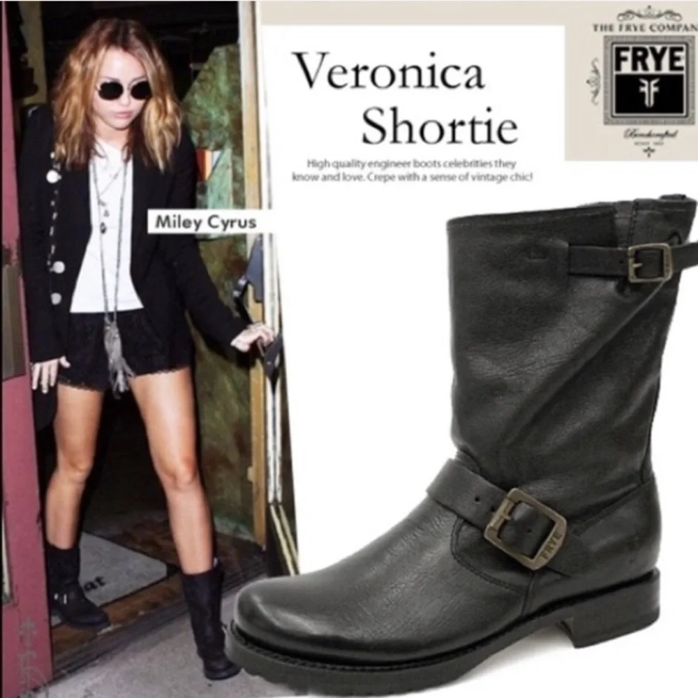 Frye Veronica Short Belted Black Leather Popular Moto Vintage Combat Ankle Boot - Picture 5 of 16